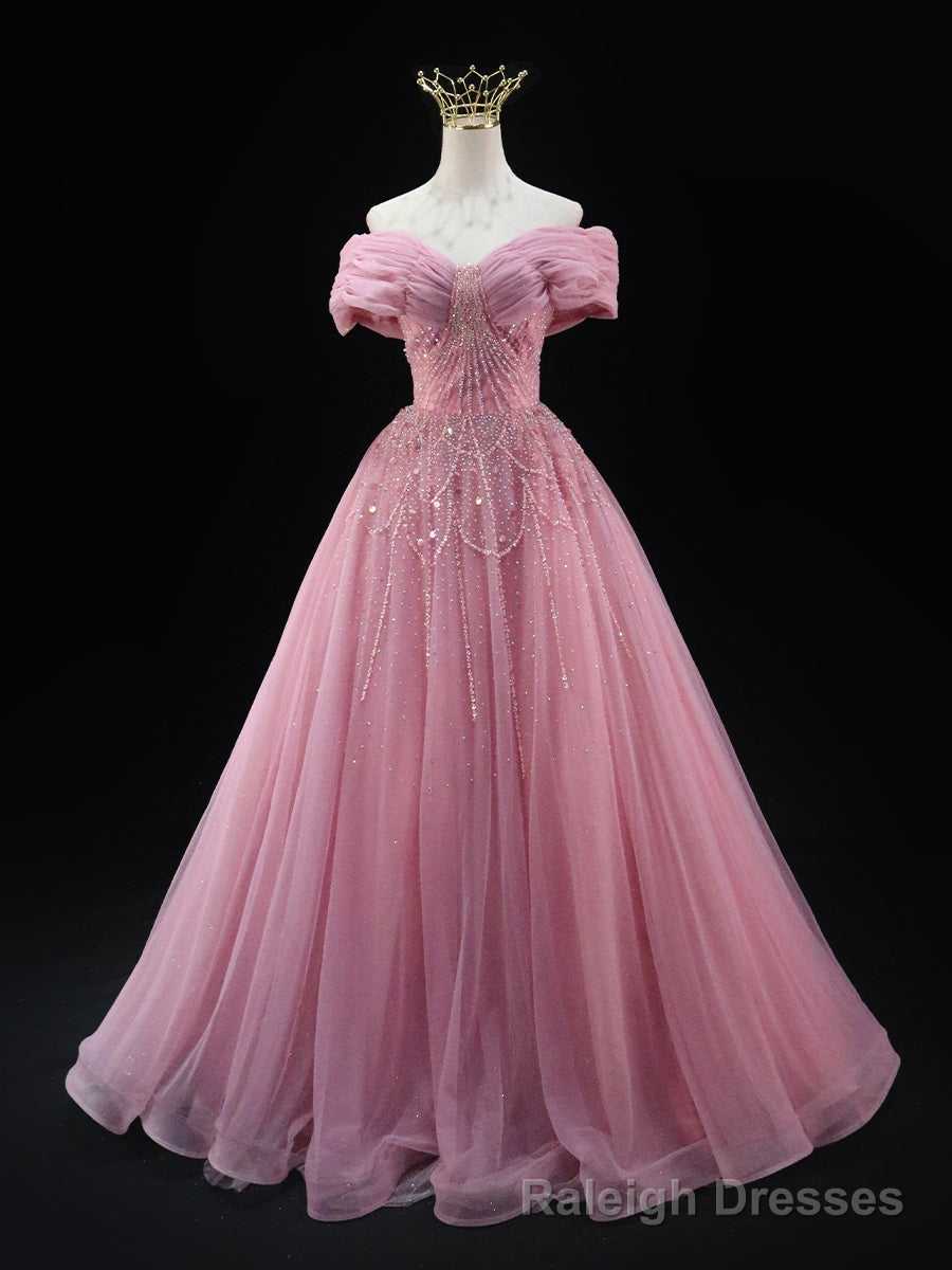 Sexy Pink Tulle Off the Shoulder Pleats Beading Prom Dress Main image