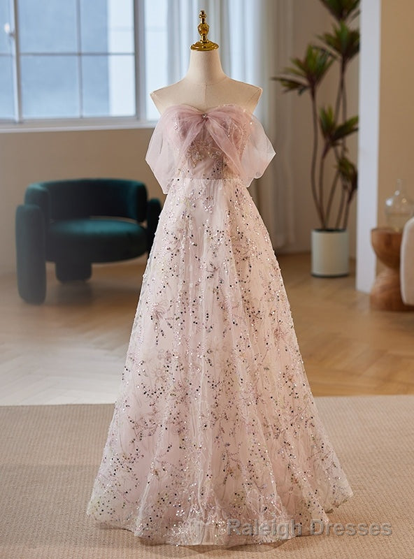 Sexy Pink Tulle Sequins Off the Shoulder Prom Dress Main image