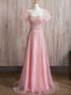 Sexy Pink Tulle Sequins Puff Sleeve Prom Dress