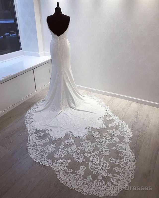 Plunge Neck Mermaid Wedding Dress Lace Train