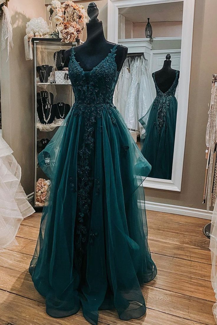 V Neck Open Back Dark Green Lace Beaded Long Prom Dress Dark Green Lace Prom Dress Dark Green Prom Dress