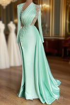 Prom Dress Plus Size Arabic Aso Ebi Mermaid Prom Dress Lace Beaded Illusion Satin Floor Length Prom Wear