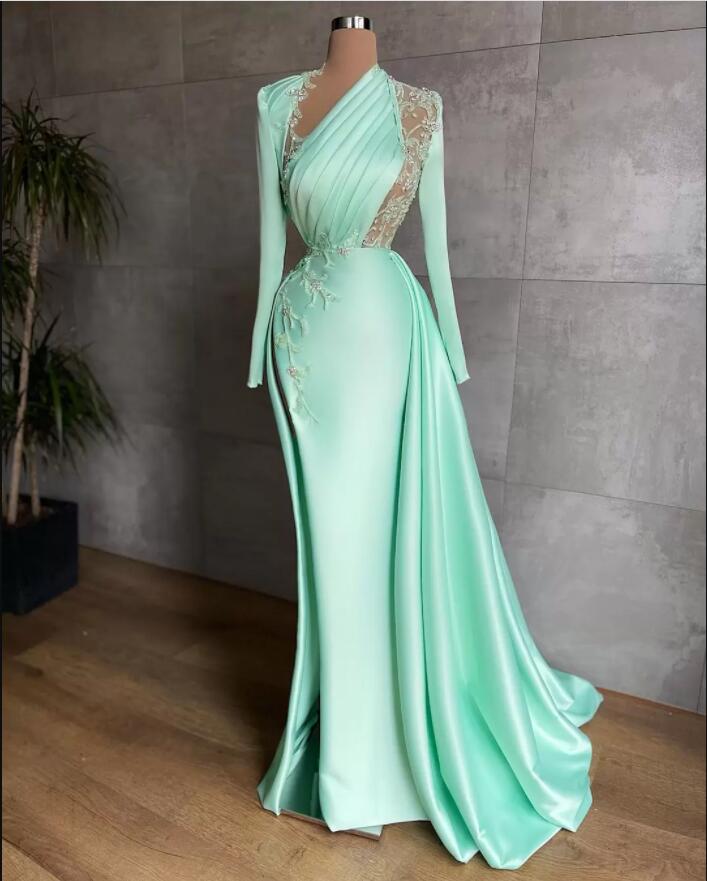 Sexy Prom Dresses Plus Size Arabic Aso Ebi Mermaid Prom Dresses Lace Beaded Illusion Satin Floor Length Party Evening Wear