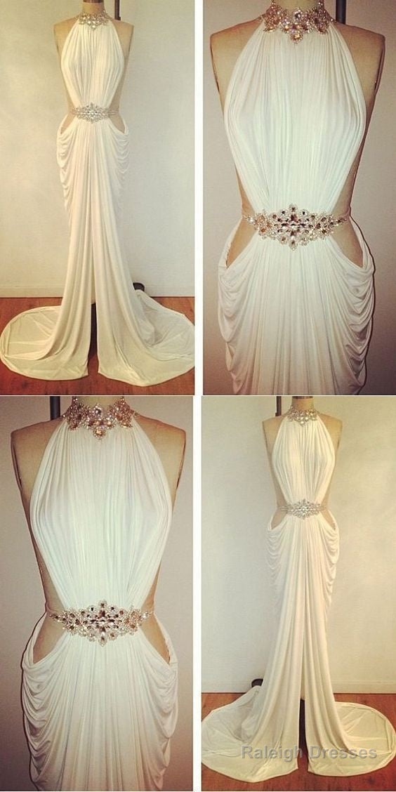 Prom Dress Sheath Column High Neck Rhinestone Long White Prom Dresses