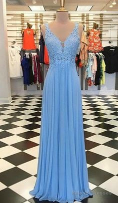 Sexy Prom Dresses With V-Neck Appliqued Lace Long Chiffon Party Gowns