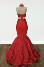 Red Applique Rosette Mermaid Prom Dress