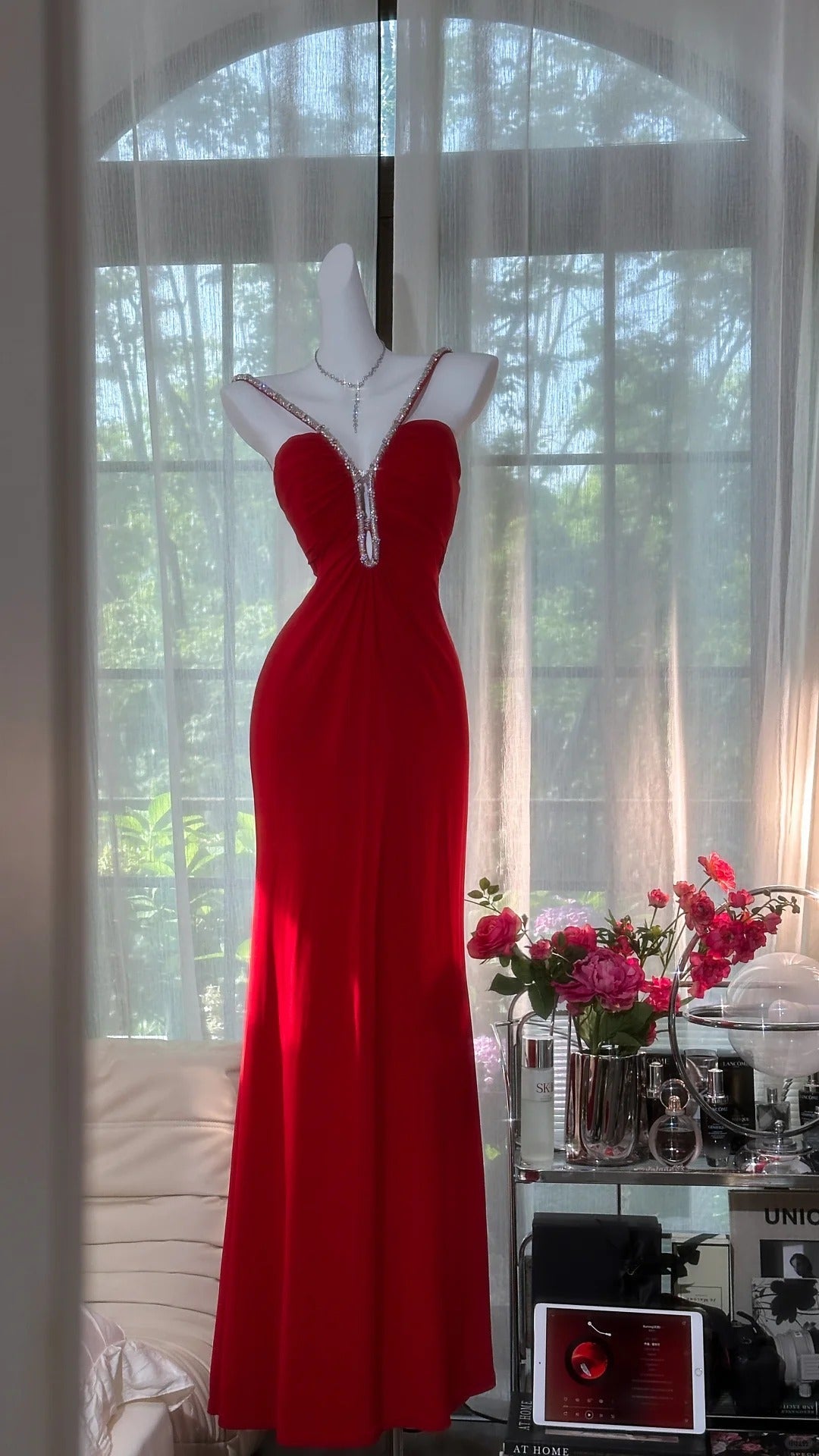 Sexy Red Halter Neck Beaded Backless Chiffon Formal Prom Dress