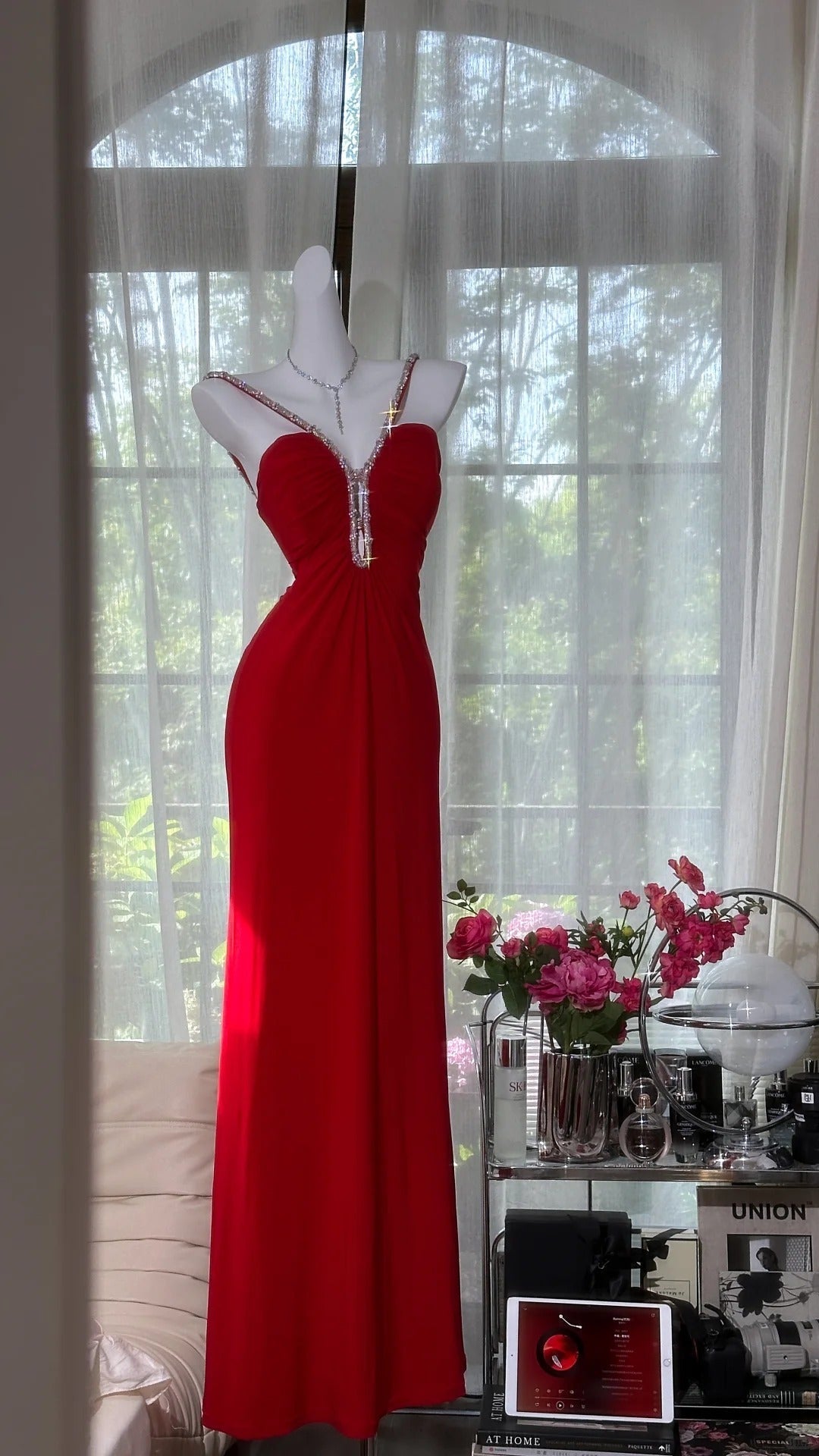 Sexy Red Halter Neck Beaded Backless Chiffon Formal Prom Dress