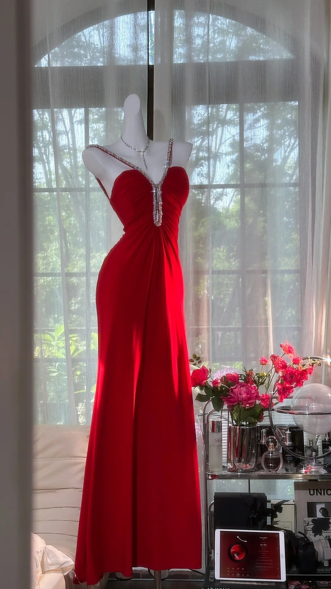 Sexy Red Halter Neck Beaded Backless Chiffon Formal Prom Dress