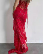 Red Lace Sequin Long Prom Dresses