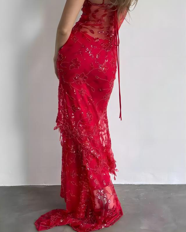 Red Lace Sequin Long Prom Dresses