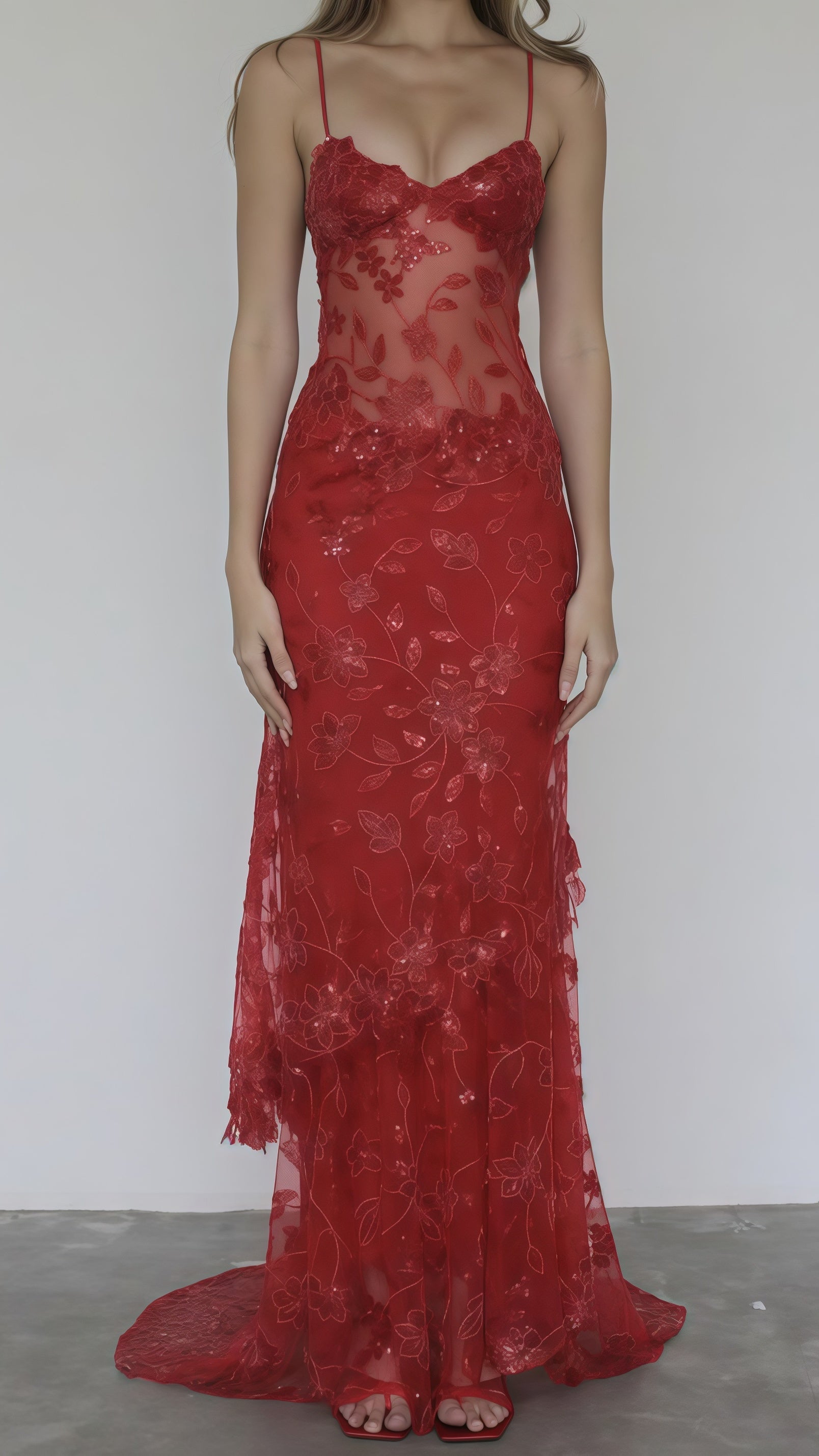 Sexy Red Lace Sequin Long Evening Prom Dress