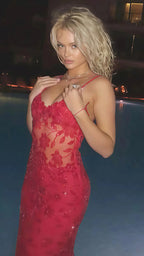 Sexy Red Lace Sequin Long Evening Prom Dress