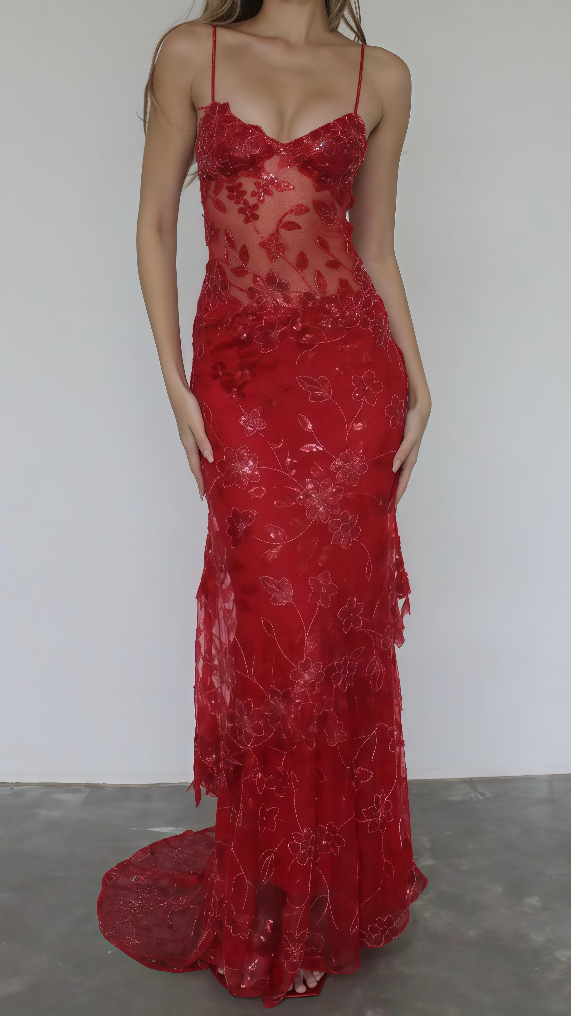 Sexy Red Lace Sequin Long Evening Prom Dress Main image