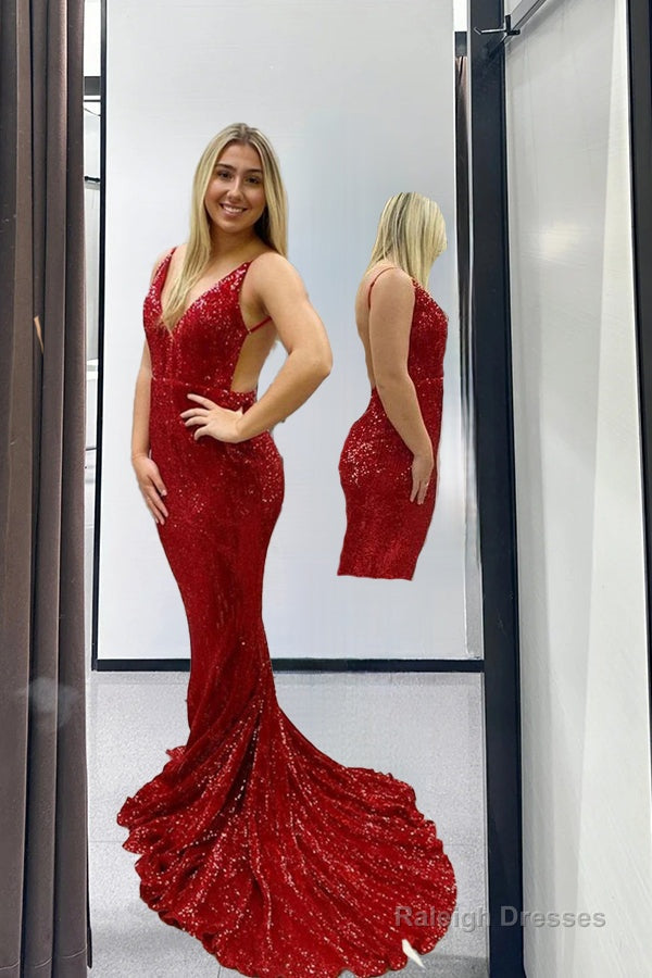 Sexy Red Mermaid Sequin Backless Long Party Prom Dresses Main image