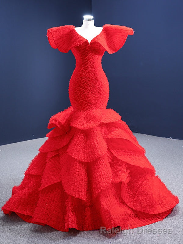 Sexy Red Mermaid Tulle V Neck Tiers Prom Dress Main image
