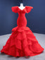 Sexy Red Mermaid Tulle V Neck Tiers Prom Dress