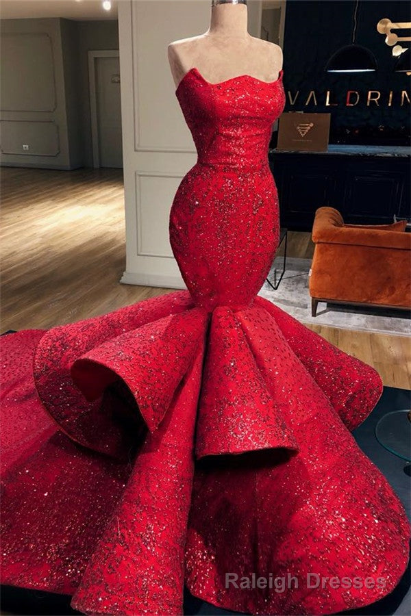Sexy Red Strapless Mermaid Prom Dress Sequins Long Main image