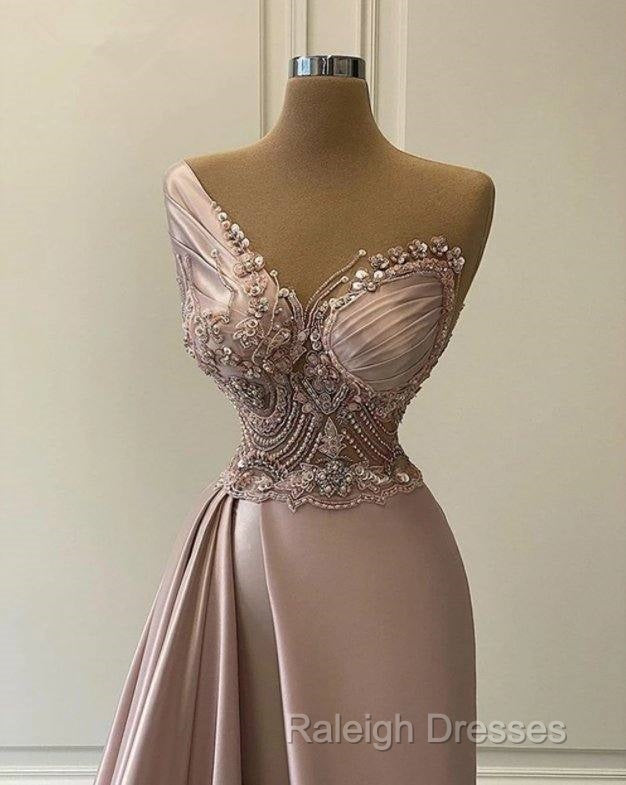 Sexy Robe De Soiree A-Line One-Shoulder Floor Length Beaded Slit Long Prom Dresses Prom Gown Evening Dresses