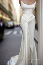 Sexy Robe De Soiree Mermaid Scoop Floor Length Satin Slit Long Prom Dresses Prom Gown Evening Dresses