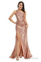 Rose Gold One Shoulder with Side Slit Prom Dresses