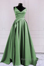 Ruched V Neck Split Satin Long Dress