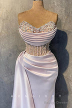 Sexy Satin Fitted V-Neck Strapless Illusion Empire Beaded Pleats With Side Slit Party Prom Evening Dress