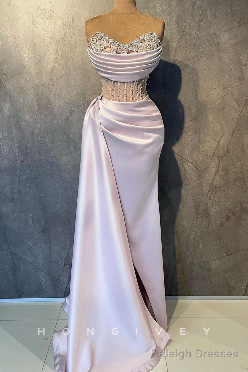 Sexy Satin Fitted V-Neck Strapless Illusion Empire Beaded Pleats With Side Slit Party Prom Evening Dress Main image