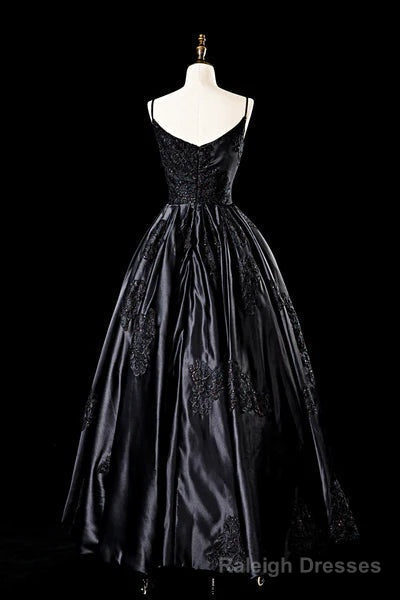 Sexy Satin Spaghetti Strap Black Wedding Gown A Line Party Evening Dress Formal Prom Dress
