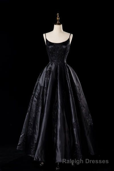 Sexy Satin Spaghetti Strap Black Wedding Gown A Line Party Evening Dress Formal Prom Dress Main image