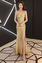 Sexy Sequins Long Slit Cross Back Junior Prom Dress, A-Line Party Dress Formal Dress