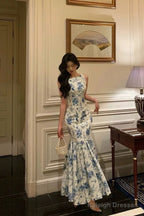 Sheath Boat Sleeveless Blue Floral Ruffle Prom Dress Long Birthday Outfits