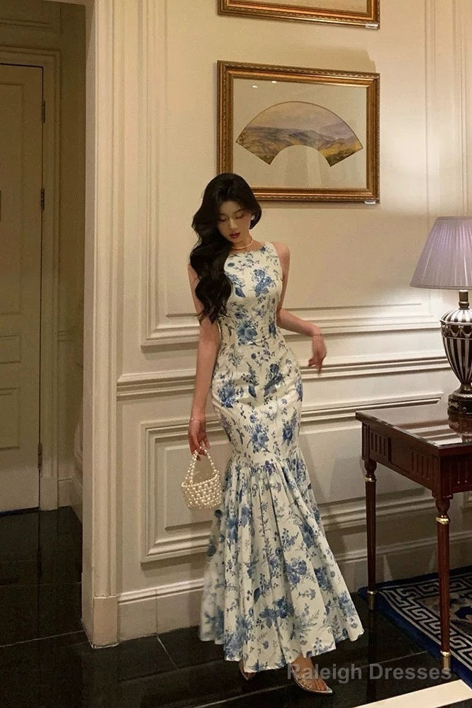 Sheath Boat Sleeveless Blue Floral Ruffle Prom Dress Long Birthday Outfits