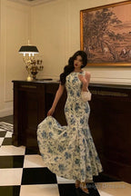Sheath Boat Sleeveless Blue Floral Ruffle Prom Dress Long Birthday Outfits