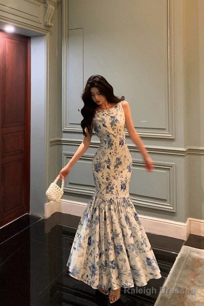 Sheath Boat Sleeveless Blue Floral Ruffle Prom Dress Long Birthday Outfits