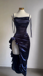 Sheath Column Spaghetti Straps Navy Blue Backless Satin Prom Dresses