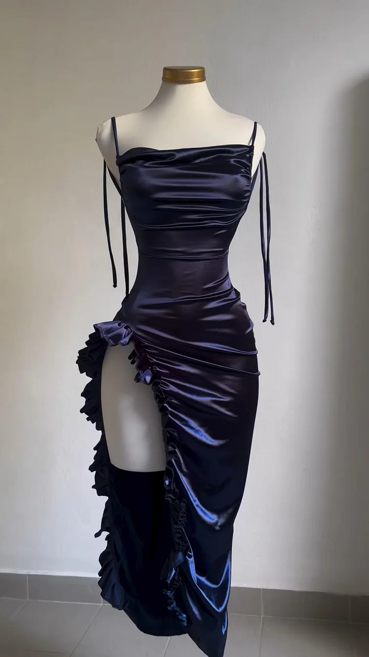 Sheath Column Spaghetti Straps Navy Blue Backless Satin Prom Dresses