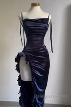 Sheath Column Spaghetti Straps Navy Blue Backless Satin Prom Dresses