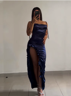 Sheath Column Spaghetti Straps Navy Blue Backless Satin Prom Dresses