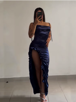 Sheath Column Spaghetti Straps Navy Blue Backless Satin Prom Dresses