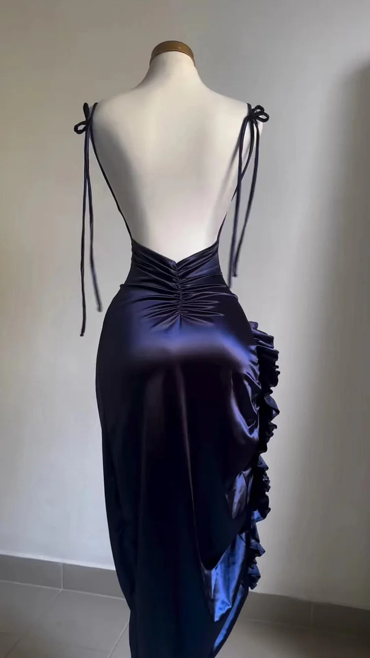 Sheath Column Spaghetti Straps Navy Blue Backless Satin Prom Dresses