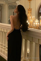 Sheath Halter Black Backless Knee Length Prom Dress Birthday Outfits