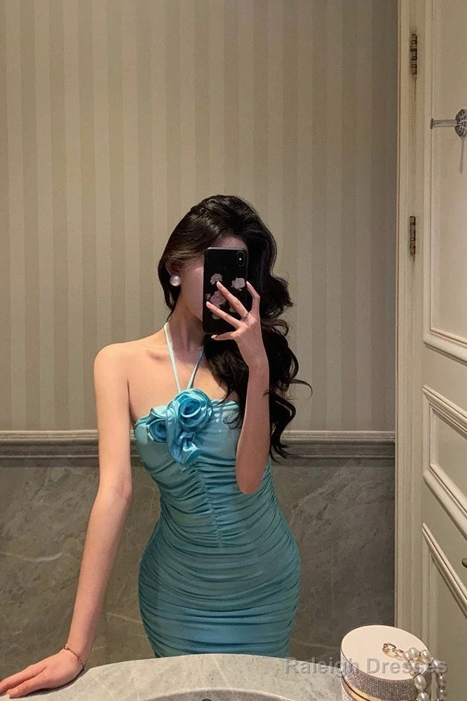 Sheath Halter Blue Fold Prom Dress Long Birthday Outfits