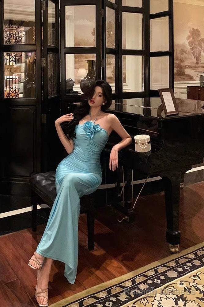 Sheath Halter Blue Fold Prom Dress Long Birthday Outfits