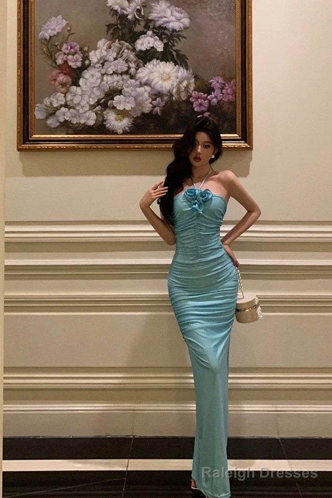 Sheath Halter Blue Fold Prom Dress Long Birthday Outfits