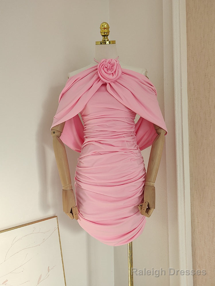 Sexy Sheath Halter Pink Floral Holiday Dress Travel Vacation Dresses Short Birthday Dress