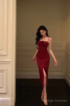 Sheath Halter Red Ankle Length Slit Prom Dress Birthday Dresses