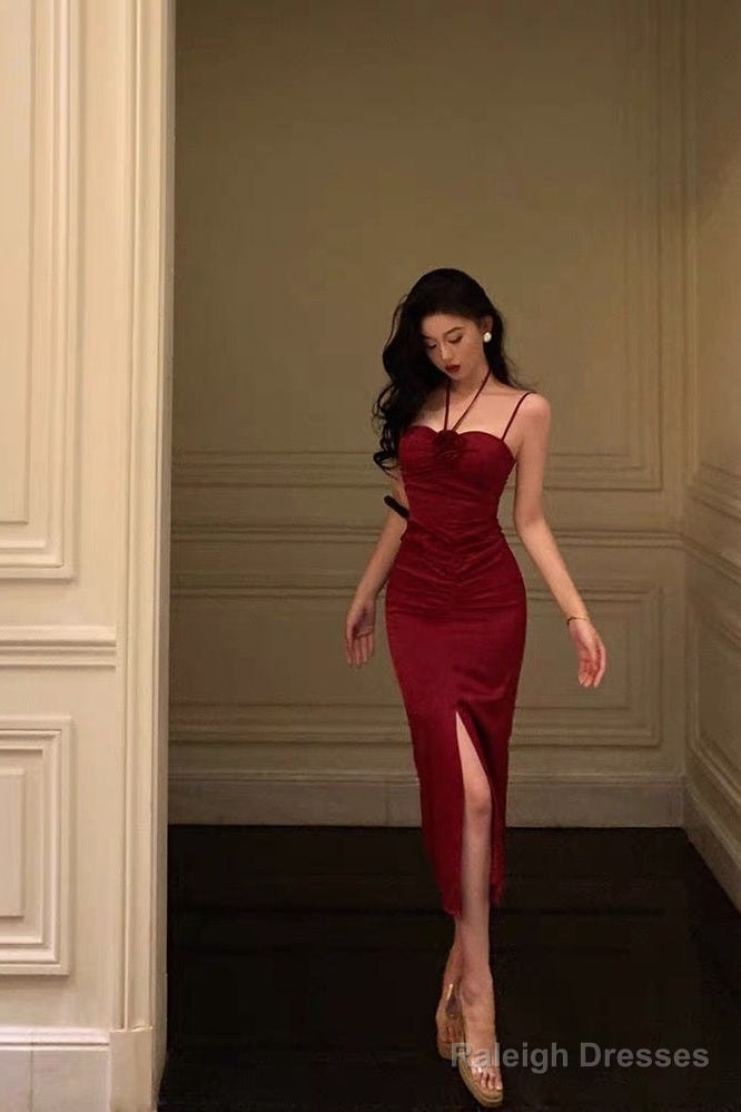 Sheath Halter Red Ankle Length Slit Prom Dress Birthday Dresses