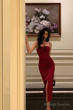 Sheath Halter Red Ankle Length Slit Prom Dress Birthday Dresses