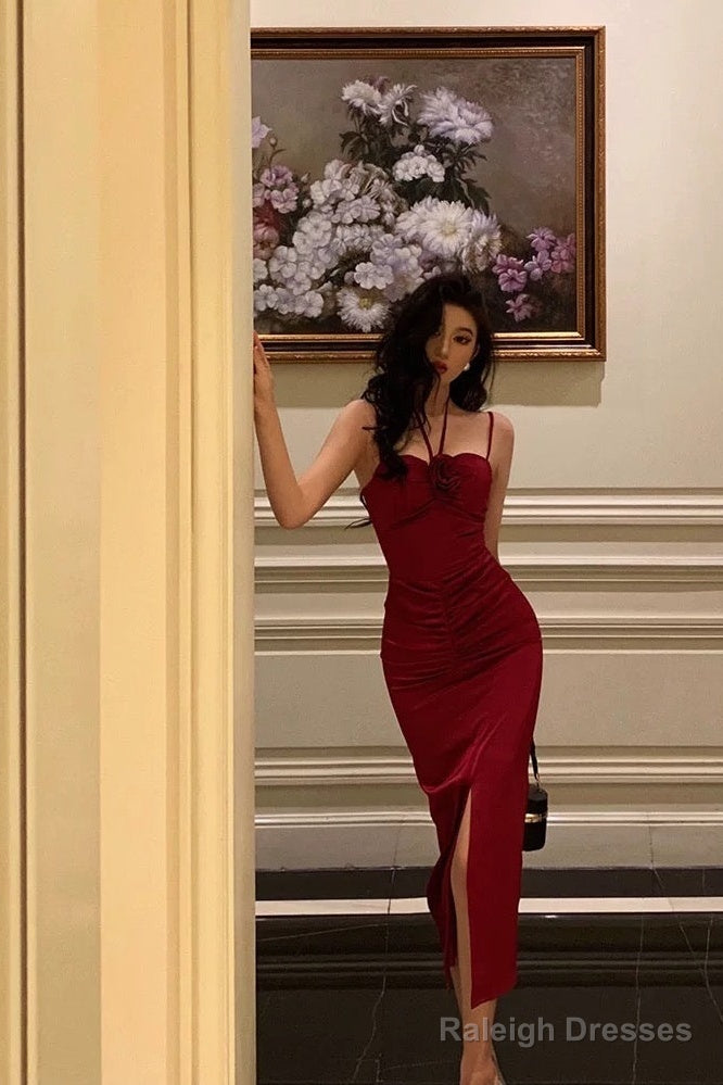 Sheath Halter Red Ankle Length Slit Prom Dress Birthday Dresses